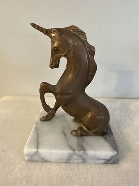 Sitting Unicorn On Grey Marble Base Vintage Solid Brass 5-1/2" Mythical Lucky